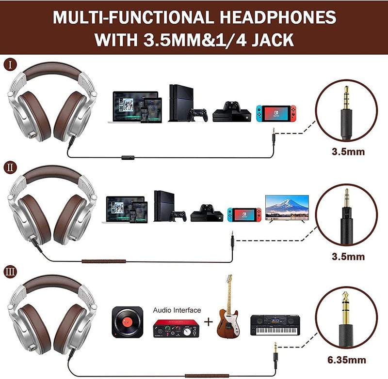 OneOdio سماعات أوديو A71 عالية الدقة للتسجيل الاستوديو - سماعات رأس سلكية فوق الأذن مع منفذ مشاركة، ومراقبة، ومزج، سماعة قابلة للطي مع صوت ستيريو، مقبس 3.5/6.35 مم لجهاز الكمبيوتر، دي جي، جيتار - فضي - Image 3